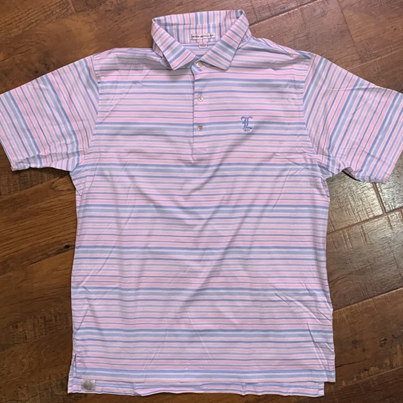 Peter Millar Light Blue, Pink Striped Cotton Polo - Llanerch Country Club - Picture 1 of 5